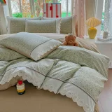 Lenjerie de Pat din 100% Bumbac cu Dantelă, 4 Piese, Cearșaf cu Elastic 180x200 cm