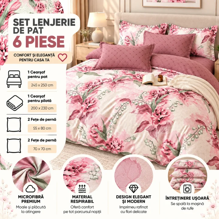 Set Lenjerie de Pat Dublu din Microfibră Premium, 6 Piese, Cearșaf 245x250 cm
