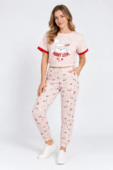Pijama damă din bumbac „Rabbit Love” cu mânecă scurtă