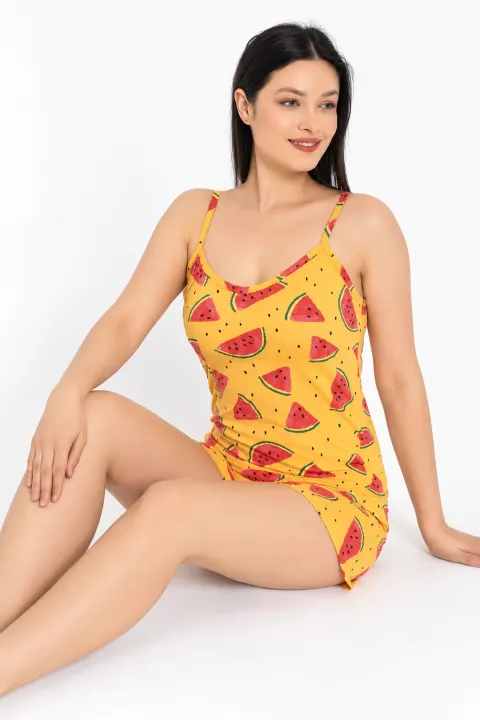 Pijama damă, maiou și short, imprimeu pepene, galben