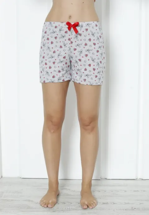 Short damă pijama, gri, imprimeu inimi roșii