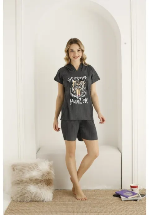 Pijama damă gri „Strong” din bumbac, tricou cu glug