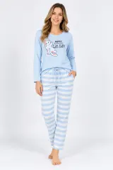 Pijamale damă cu mânecă lungă și pantaloni lungi, imprimeu Cat Day, blue