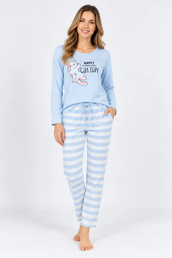 Pijamale damă cu mânecă lungă și pantaloni lungi, imprimeu Cat Day, blue