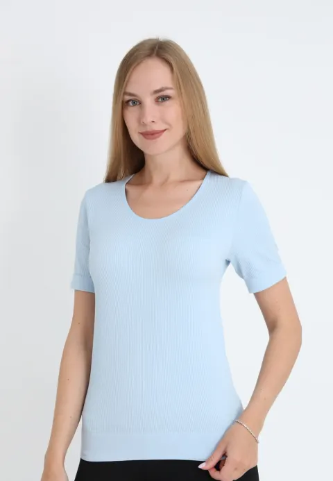 Tricou damă cu mânecă scurtă, croială lejeră și material elastic, Turcoaz