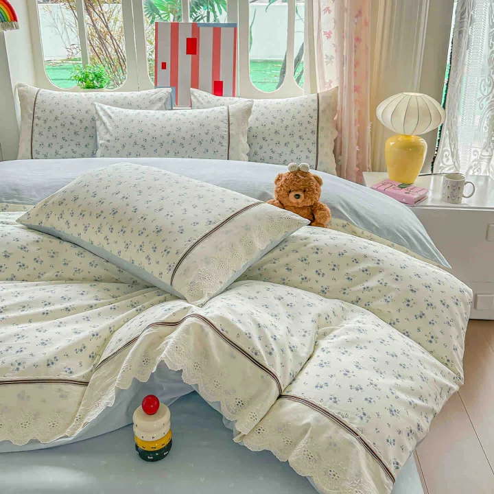 Lenjerie de Pat din 100% Bumbac cu Dantelă, 4 Piese, Cearșaf cu Elastic 180x200 cm