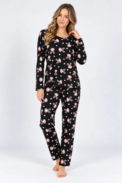 Pijama Damă Neagră cu Imprimeu Iepuraș