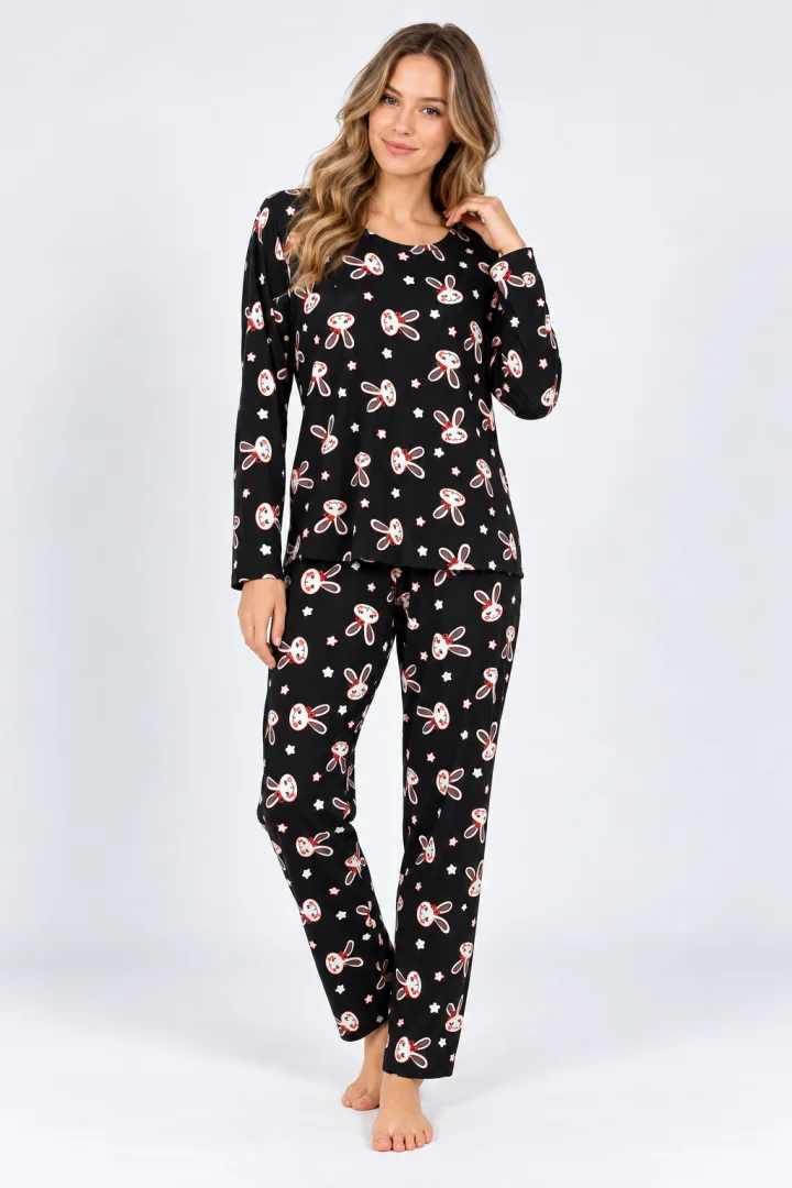 Pijama Damă Neagră cu Imprimeu Iepuraș