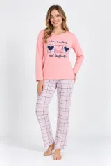Pijama damă,  roz cu mânecă lungă și pantaloni lungi