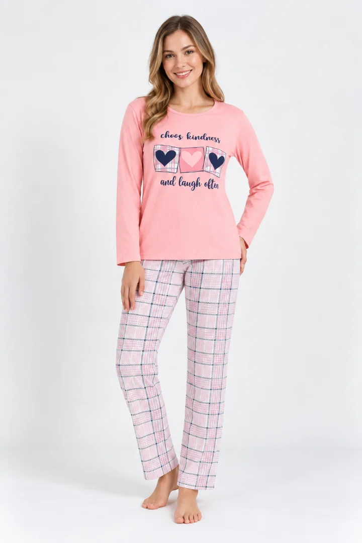 Pijama damă,  roz cu mânecă lungă și pantaloni lungi
