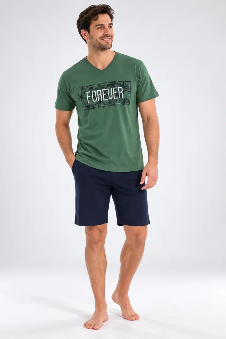 Pijama barbati din bumbac, imprimeu ,,Forever", verde