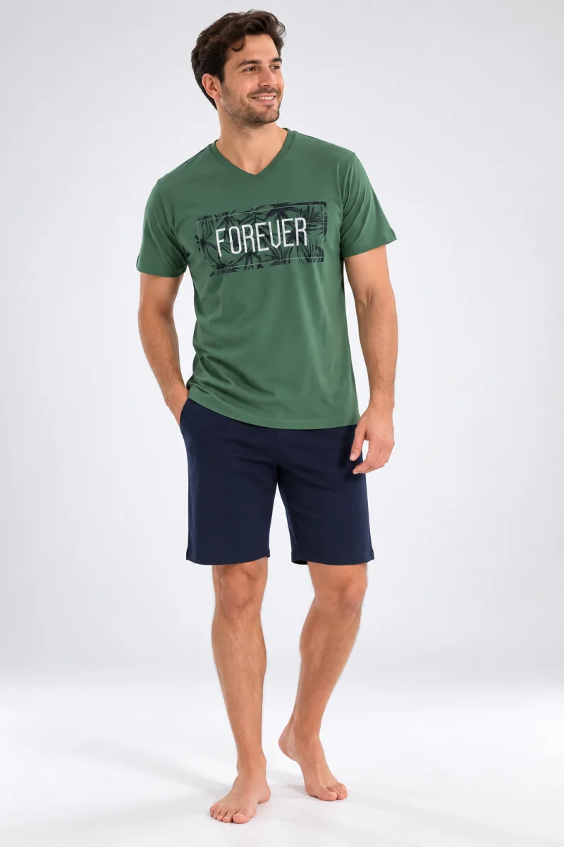 Pijama barbati din bumbac, imprimeu ,,Forever", verde