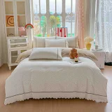 Lenjerie de Pat din 100% Bumbac cu Dantelă, 4 Piese, Cearșaf cu Elastic 180x200 cm