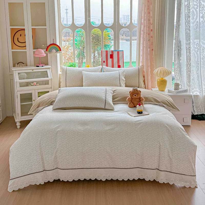 Lenjerie de Pat din 100% Bumbac cu Dantelă, 4 Piese, Cearșaf cu Elastic 180x200 cm