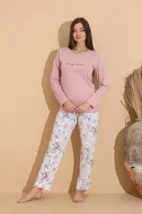 Pijama damă roz pal, bluză „You Tight Forever” și pantaloni cu imprimeu floral