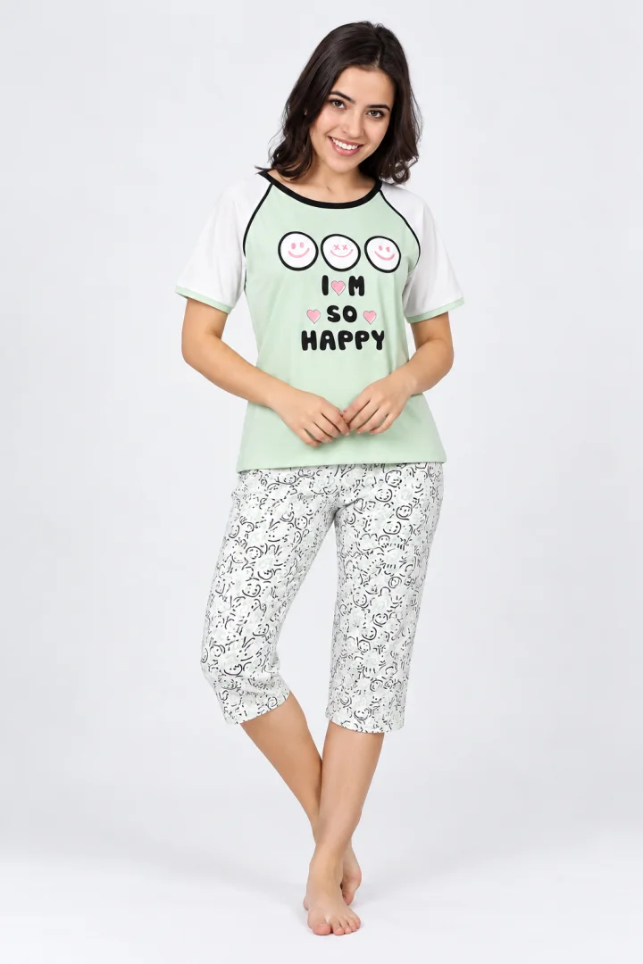 Pijama damă, cu imprimeu I'm So Happy, verde
