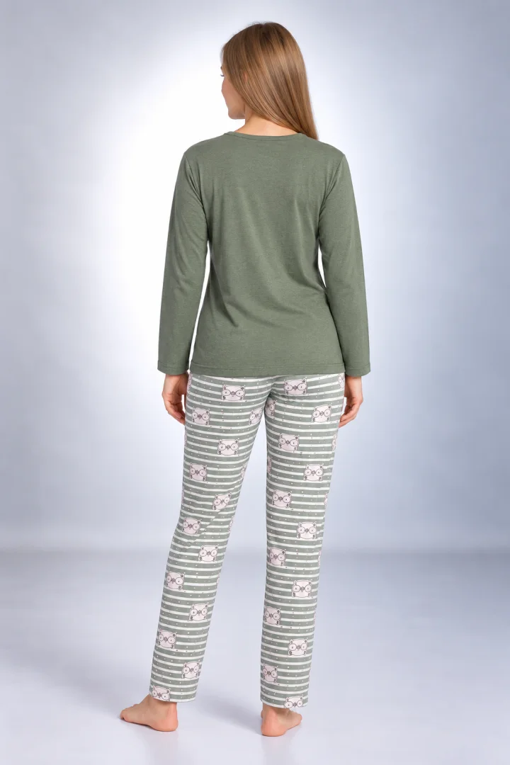 Pijama damă verde, cu mânecă lungă și pantaloni lungi