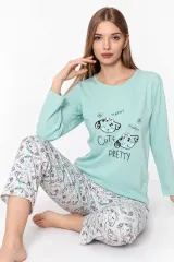 Pijama damă cu mânecă lungă și pantaloni, imprimeu ,,Cute, Pretty", blue