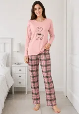Pijama de dama roz cu maneca lunga si pantaloni lungi roz cu carouri