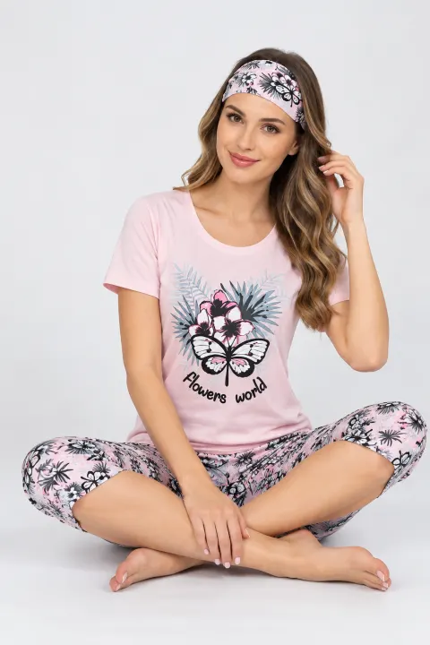 Pijama Dama  Set  Tricou și Pantaloni 3/4, Masca de Dormit, roz
