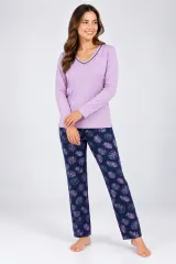 Pijama de dama lila cu maneca lunga si pantaloni lungi blumarin cu frunze