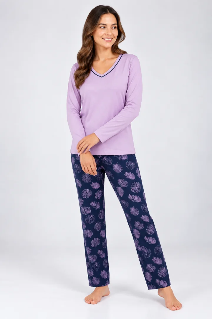 Pijama de dama lila cu maneca lunga si pantaloni lungi blumarin cu frunze