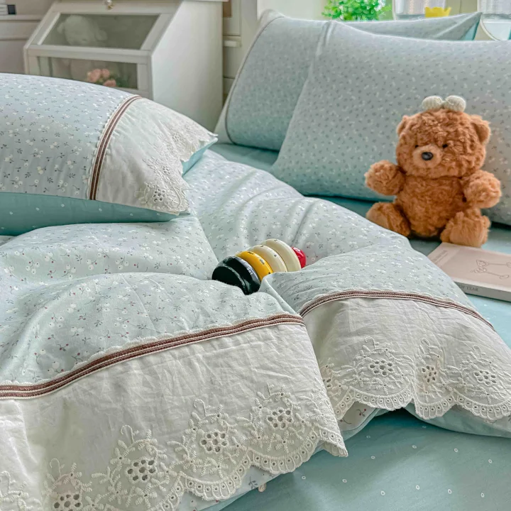Lenjerie de Pat din 100% Bumbac cu Dantelă, 4 Piese, Cearșaf cu Elastic 180x200 cm