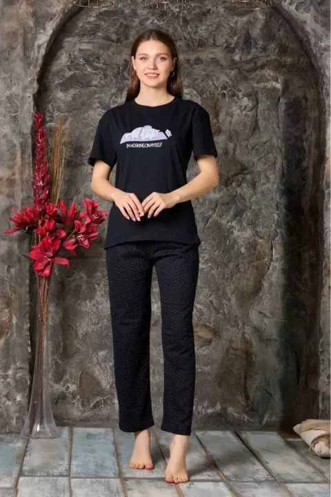 Pijama damă, cu mânecă scurtă și pantaloni lungi, negru