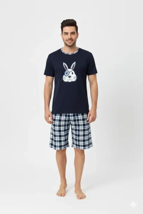 Pijama bărbat pantaloni 3/4, imprimeu iepure pirat, bleumarin