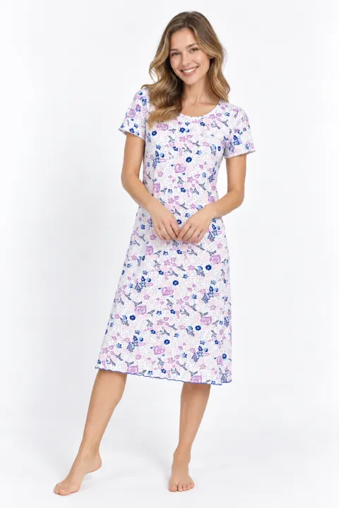 Rochie damă Arnetta din bumbac și modal, cu mânecă scurtă, dantelă și imprimeu floral, lungime 3/4