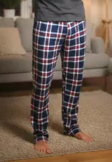 Pantaloni pijama bărbați blumarin cu carouri roșii si albe
