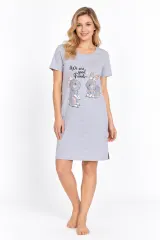 Rochie de casă damă din bumbac 100%, cu mânecă scurtă și imprimeu de Paște cu iepurași, gri