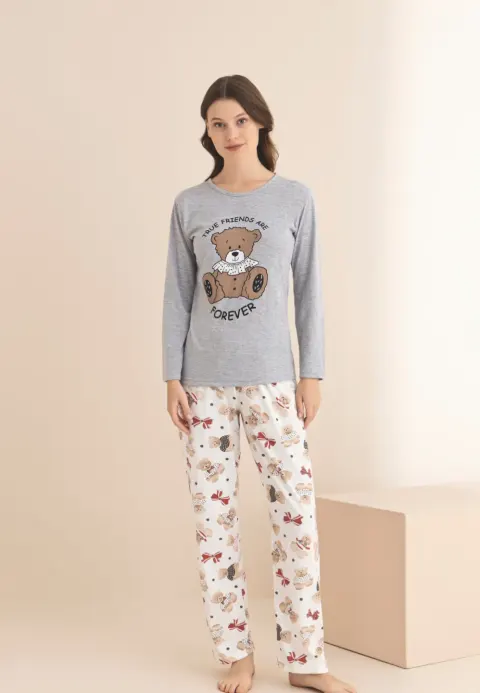 Pijama damă gri , imprimeu cu ursuleț și text „True Friends Are Forever”