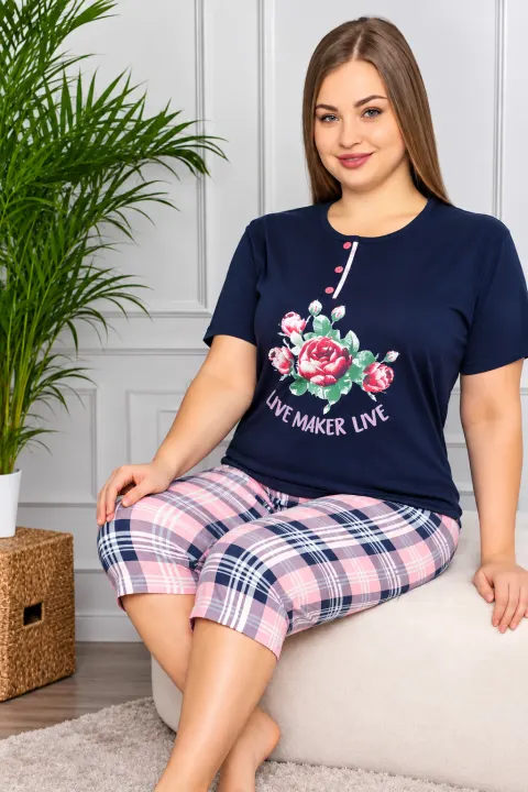 Pijama dama din bumbac, tricou blumarin cu nasturi și pantaloni 3/4