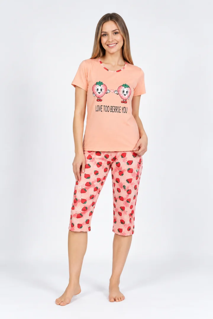 Pijama dama din bumbac, imprimeu capsuni, ,roz