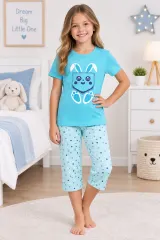 Pijama fetițe de Paște – tricou albastru și pantaloni 3/4 cu imprimeu