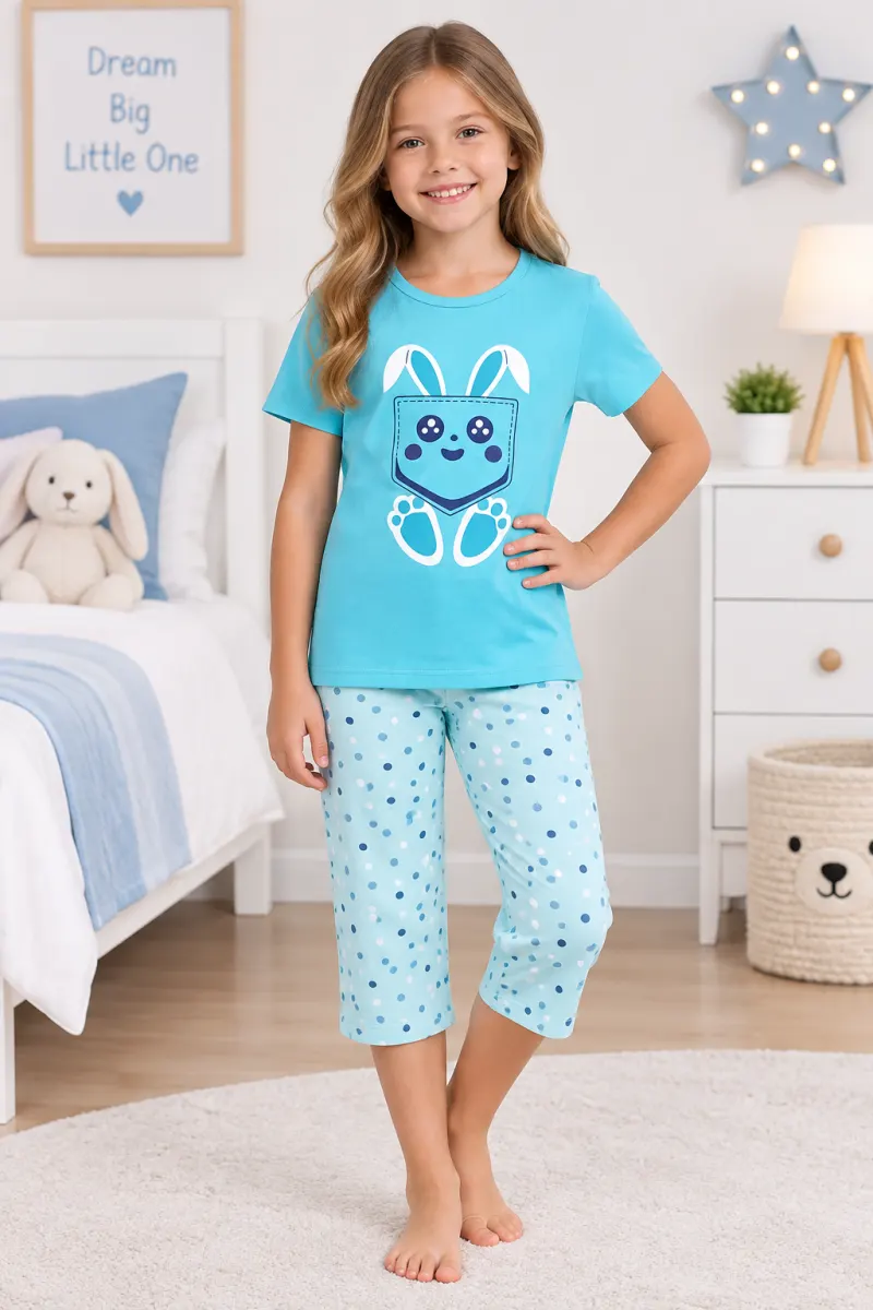Pijama fetițe de Paște – tricou albastru și pantaloni 3/4 cu imprimeu