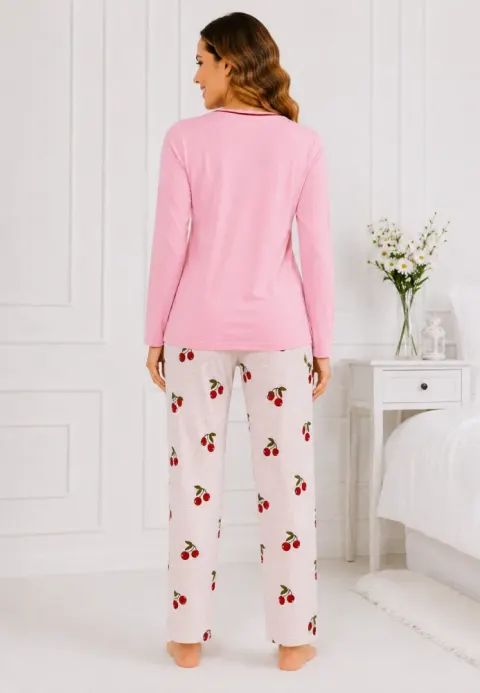 Pijama de dama roz pal cu maneca lunga si pantaloni lungi