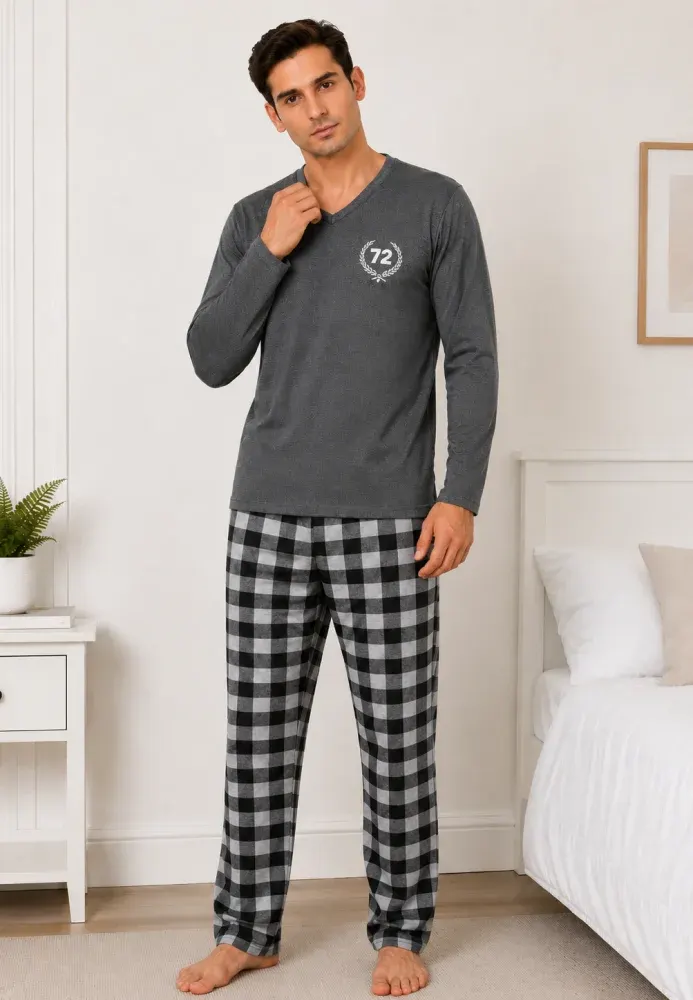 Pijama barbat gri cu carouri mari alb cu negru