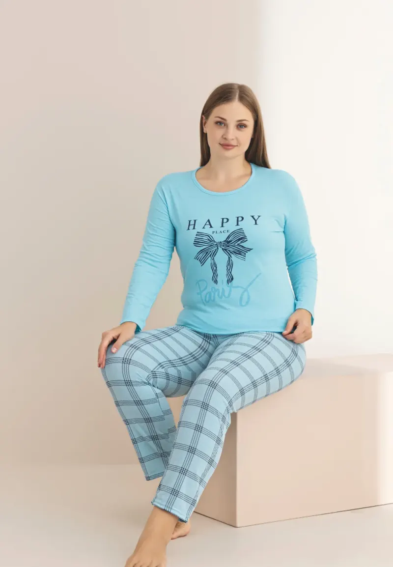 Pijama damă Big Size turcoaz cu fundiță și text „Happy Place”