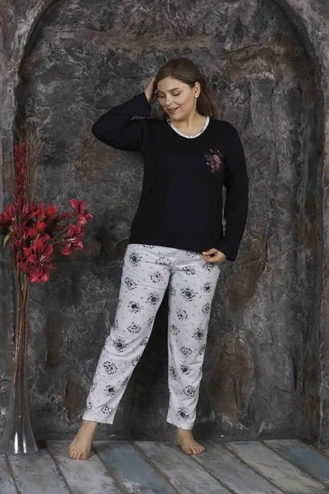 Pijama damă, cu mânecă lungă și pantaloni lungi, imprimeu floral, mov