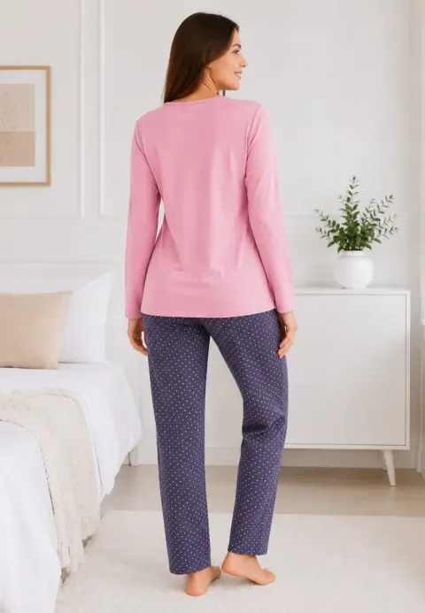 Pijama de dama roz cu maneca lunga si pantaloni lungi gri cu buline