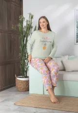 Pijama damă Big Size verde și roz cu imprimeu ananas
