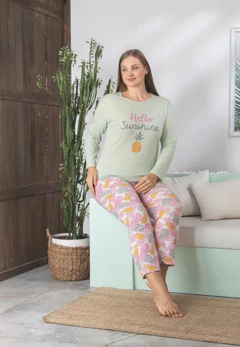Pijama damă Big Size verde și roz cu imprimeu ananas