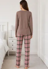Pijama damă maro cu pantaloni roz în carouri