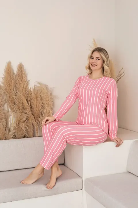 Pijama Damă Roz cu Dungi Albe