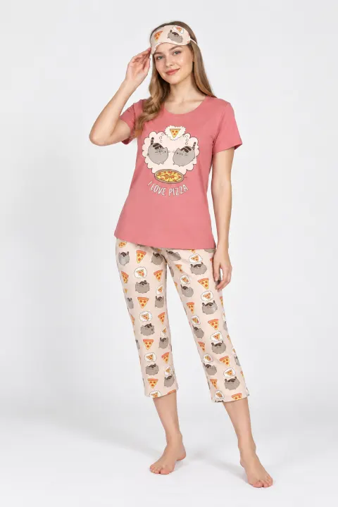 Pijama Dama din Bumbac  „I Love Pizza” , roz