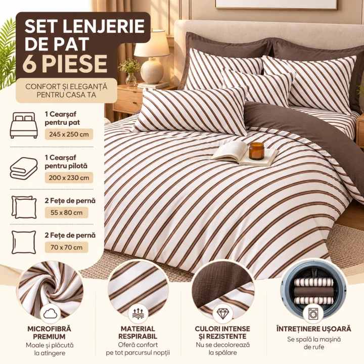 Set Lenjerie de Pat Dublu din Microfibră Premium, 6 Piese, Cearșaf 245x250 cm