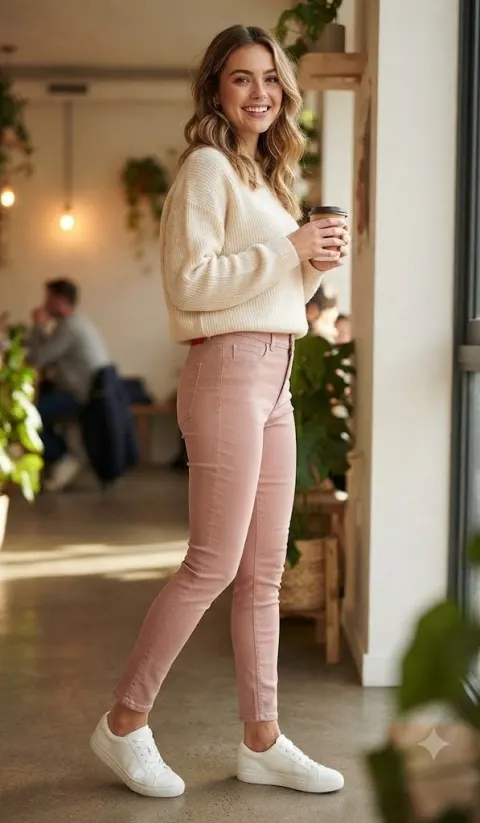 Blugi damă skinny talie înaltă – roz pudrat