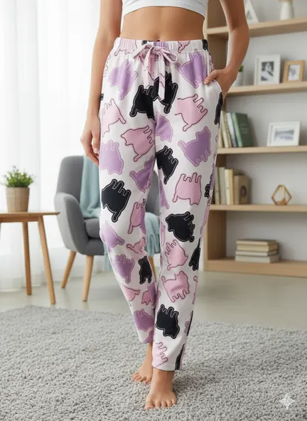 Pantaloni Pijamale Damă – Roz Pal Pufos cu Pisicuțe Colorate
